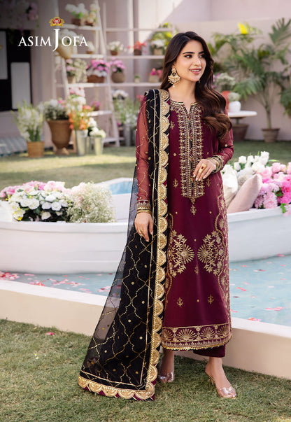 Asim Jofa AK-3035 - Maroon & Black Luxury Embroidered Lawn Suit