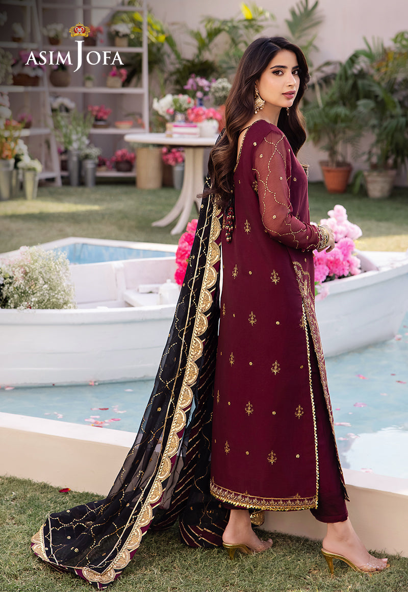 Asim Jofa AK-3035 - Maroon & Black Luxury Embroidered Lawn Suit