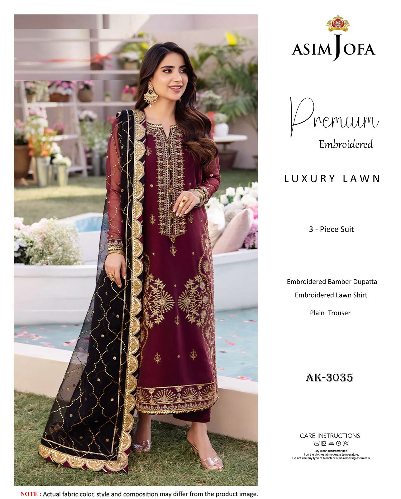 Asim Jofa AK-3035 - Maroon & Black Luxury Embroidered Lawn Suit