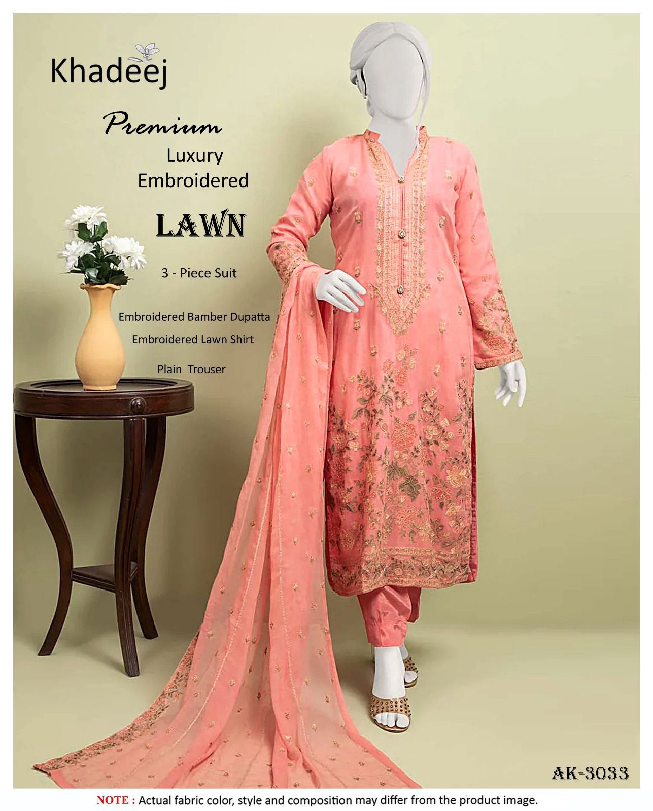 Khadeej AK-3033 - Soft Peach Embroidered Lawn Suit