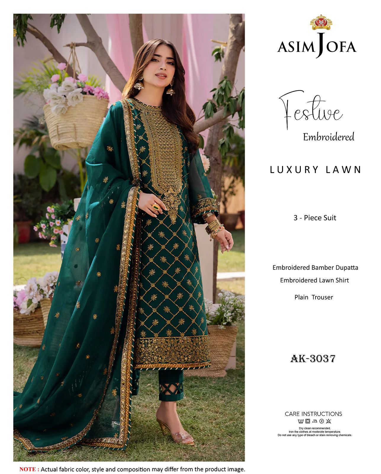 Asim Jofa AK-3037 - Emerald Green Embroidered Lawn Suit